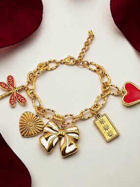Romantic Gold Charm Bracelet, Red Heart,Bow, Dragonfly, Feminine & Whimsical